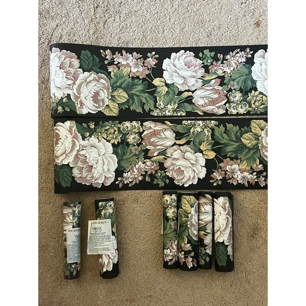 Vintage Floral Wallpaper border 21 YARDS, York, black w pink flowers